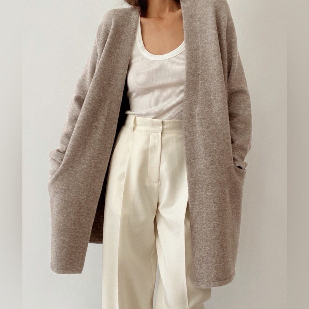 Jenni Kayne Open Front Merino Wool / Yak Long Cardigan in Oatmeal Tan - XL
